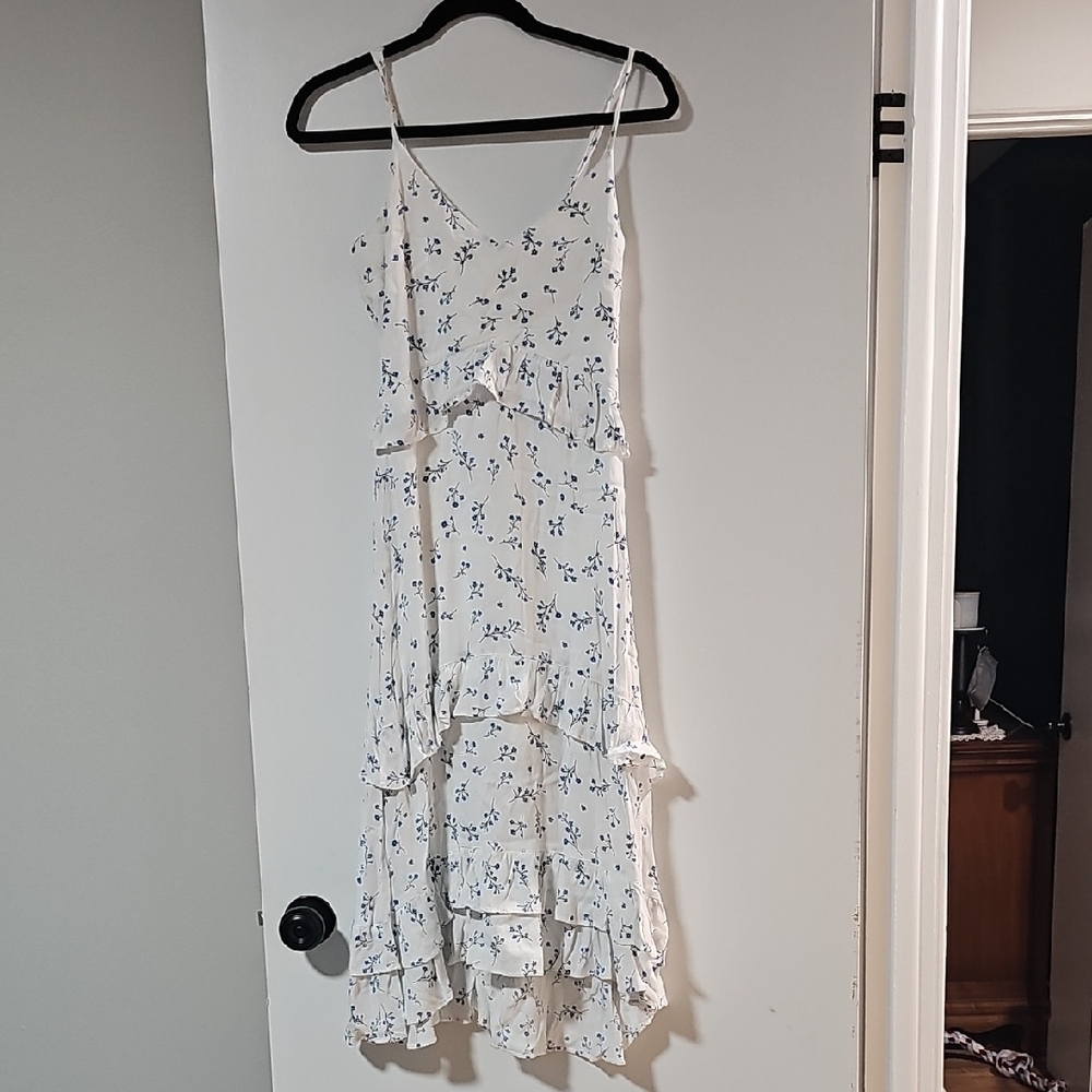 Chic White and Blue Floral High Low Dress